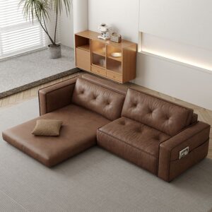 Mocha Pu Leather Convertible Sofa with Armrest for Drawing Room - Image 1
