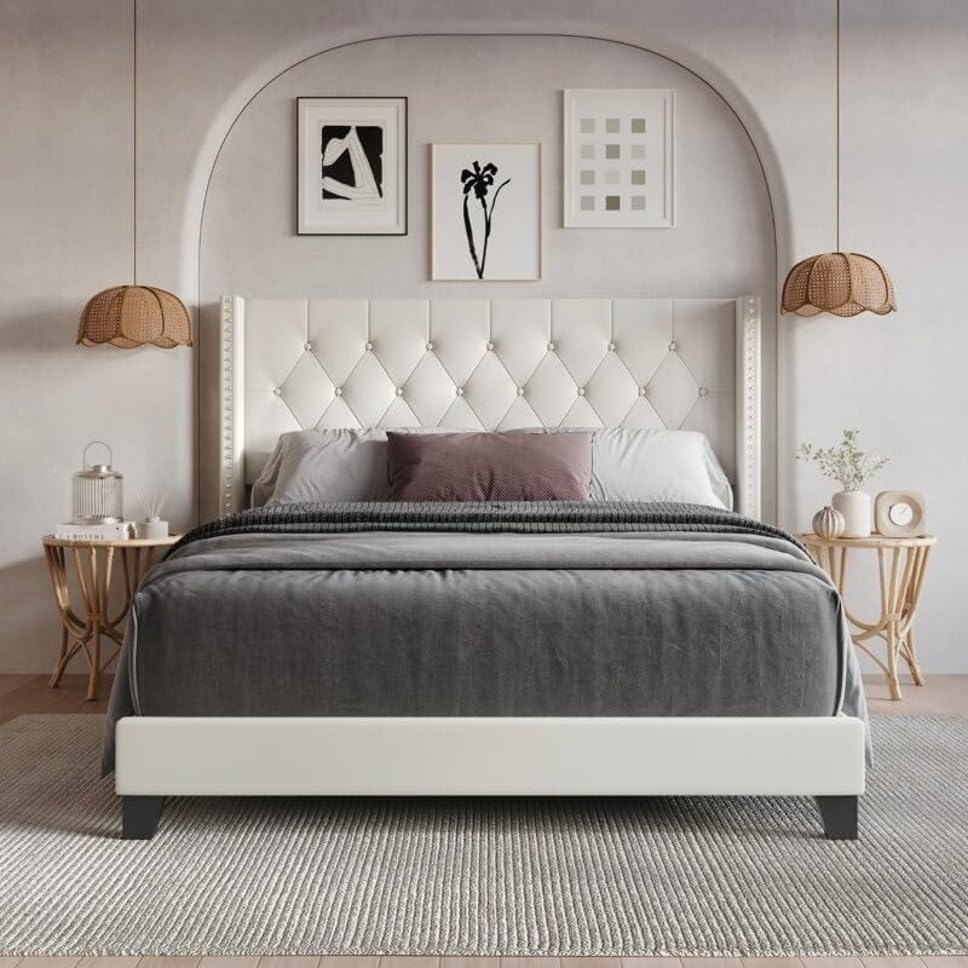 queen king size bed, king queen size bed, queen bed, king bed, king size bed, queen size bed, upholstered queen size bed without storage, modern engineered wood queen bed frame, CRAFTJAR white upholstered queen bed