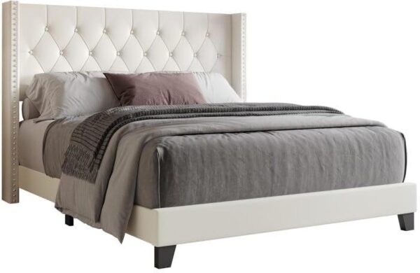 queen king size bed, king queen size bed, queen bed, king bed, king size bed, queen size bed, upholstered queen size bed without storage, modern engineered wood queen bed frame, CRAFTJAR white upholstered queen bed