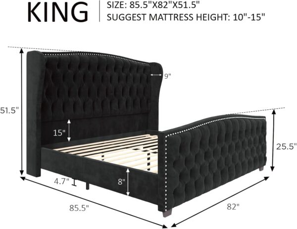 queen king size bed, king queen size bed, queen bed, king bed, king size bed, queen size bed, grand wingback king bed frame, velvet diamond tufted king bed, luxury performance velvet king bed, tall headboard upholstered king platform bed, noise free king bed with hardwood slats, 900 lb capacity king bed frame, pet and kid friendly velvet bed