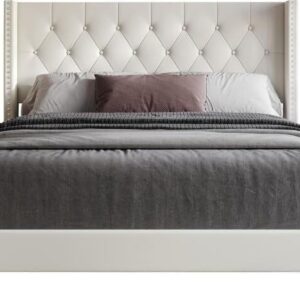 queen king size bed, king queen size bed, queen bed, king bed, king size bed, queen size bed, upholstered queen size bed without storage, modern engineered wood queen bed frame, CRAFTJAR white upholstered queen bed