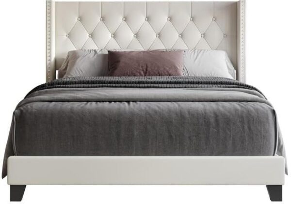 queen king size bed, king queen size bed, queen bed, king bed, king size bed, queen size bed, upholstered queen size bed without storage, modern engineered wood queen bed frame, CRAFTJAR white upholstered queen bed