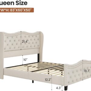 king queen size bed, queen bed, king bed, king size bed, queen size bed, velvet tufted wingback queen bed, cream beige upholstered platform bed frame, glam tufted queen bed with nailhead trim, tall headboard queen bed 50 inch