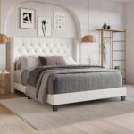 queen king size bed, king queen size bed, queen bed, king bed, king size bed, queen size bed, upholstered queen size bed without storage, modern engineered wood queen bed frame, CRAFTJAR white upholstered queen bed