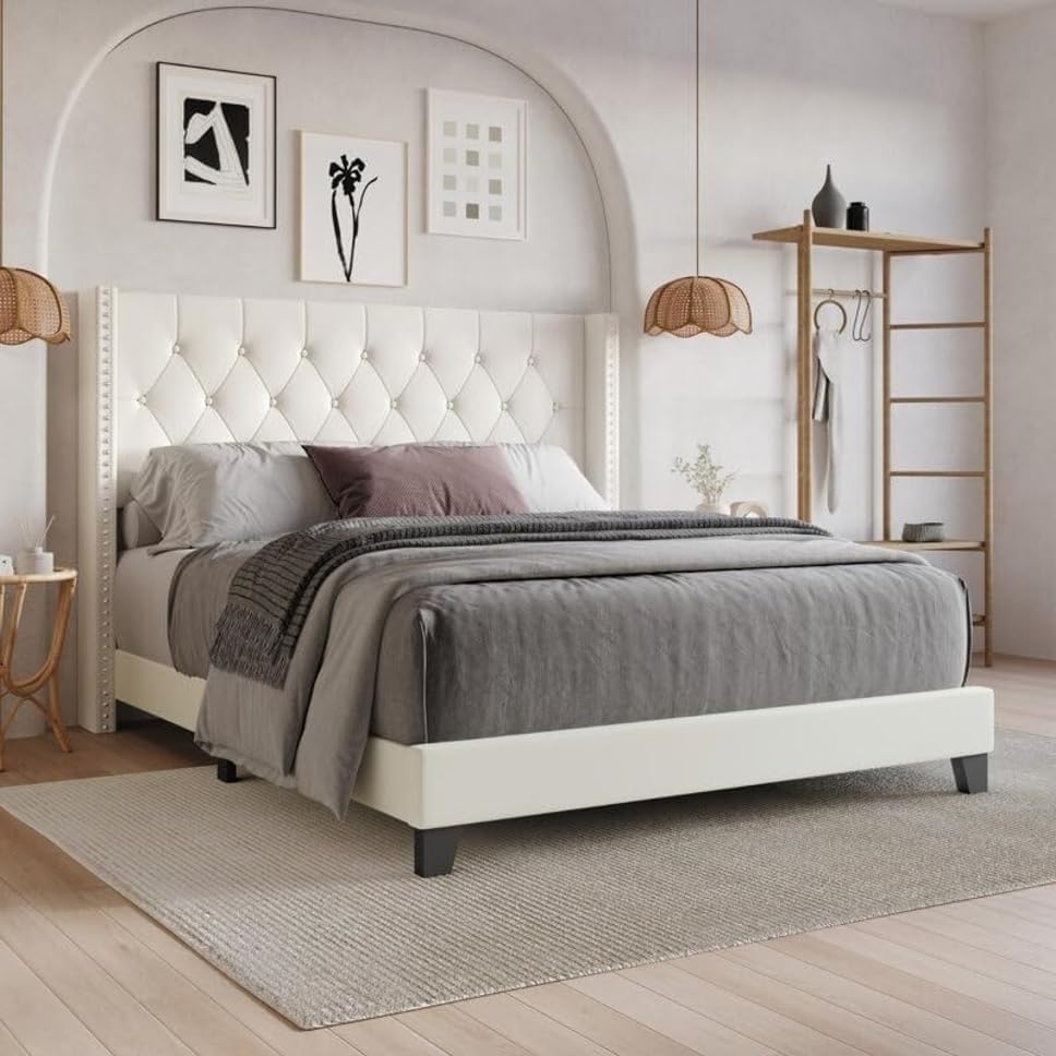 queen king size bed, king queen size bed, queen bed, king bed, king size bed, queen size bed, upholstered queen size bed without storage, modern engineered wood queen bed frame, CRAFTJAR white upholstered queen bed