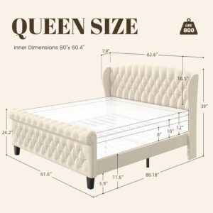 queen king size bed, king queen size bed, queen bed, king bed, king size bed, queen size bed, traditional sleigh bed queen upholstered, velvet sleigh bed with wingback headboard, quiet no squeak queen bed frame 800 lb capacity, queen platform bed no box spring needed