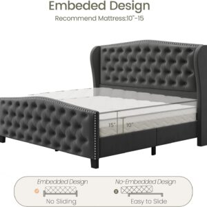 queen bed, king bed, king size bed, queen size bed, velvet upholstered queen bed frame, tall headboard velvet platform bed, deep button tufted wingback bed