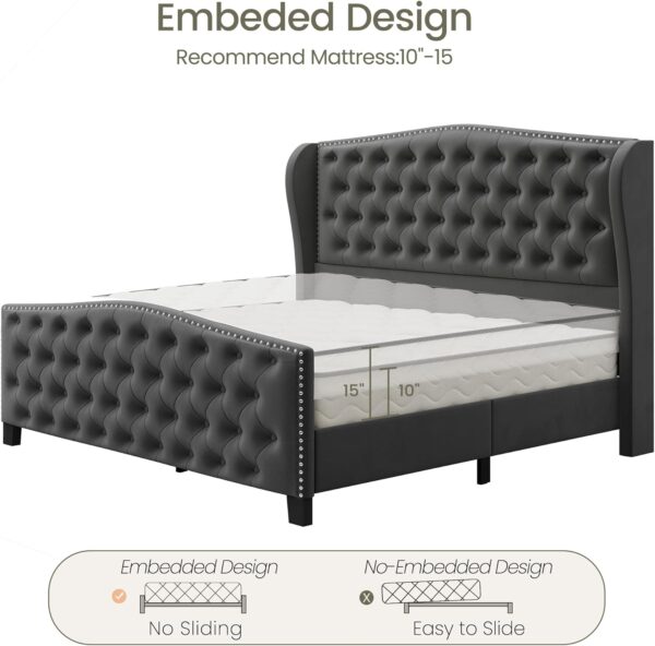 queen bed, king bed, king size bed, queen size bed, velvet upholstered queen bed frame, tall headboard velvet platform bed, deep button tufted wingback bed