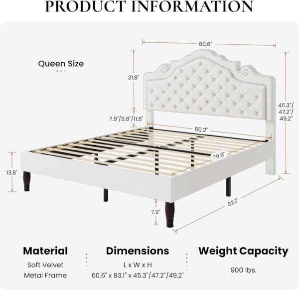 king queen size bed, queen bed, king bed, king size bed, queen size bed, adjustable tiara headboard king bed frame, velvet upholstered king platform bed,