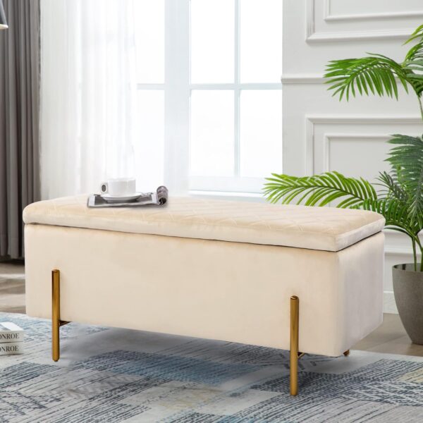 ottoman bench, storage ottoman bench, coffee table bench, rectangular velvet storage ottoman bench, modern velvet upholstered ottoman with metal legs, 42.8 inch velvet bench for living room