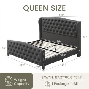 queen bed, king bed, king size bed, queen size bed, velvet upholstered queen bed frame, tall headboard velvet platform bed, deep button tufted wingback bed