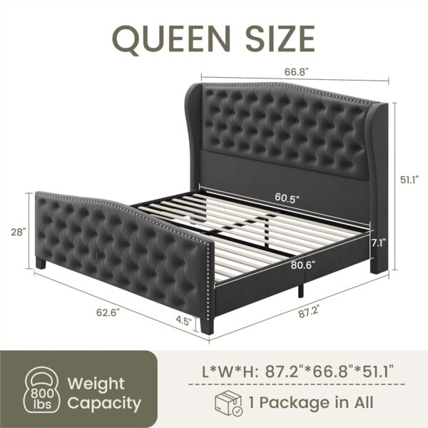 queen bed, king bed, king size bed, queen size bed, velvet upholstered queen bed frame, tall headboard velvet platform bed, deep button tufted wingback bed