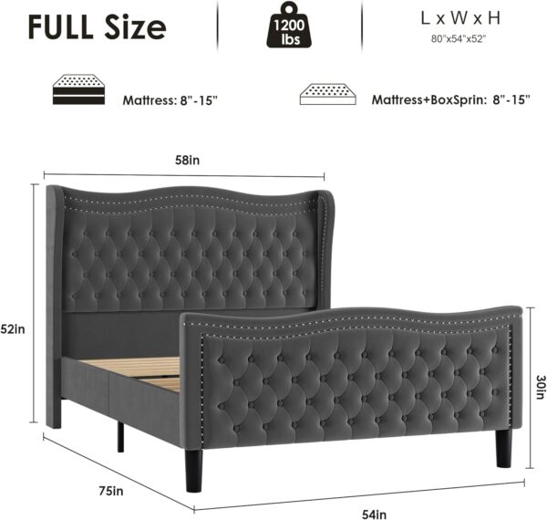 full size bed, full bed, queen king size bed, king queen size bed, queen bed, king bed, king size bed, queen size bed, luxurious velvet wingback bed frame, tall headboard upholstered platform bed
