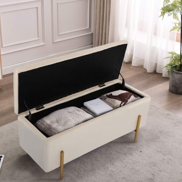 ottoman bench, storage ottoman bench, coffee table bench, rectangular velvet storage ottoman bench, modern velvet upholstered ottoman with metal legs, 42.8 inch velvet bench for living room