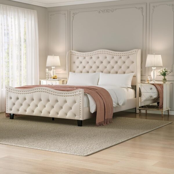 king queen size bed, queen bed, king bed, king size bed, queen size bed, velvet tufted wingback queen bed, cream beige upholstered platform bed frame, glam tufted queen bed with nailhead trim, tall headboard queen bed 50 inch king queen size bed, queen bed, king bed, king size bed, queen size bed, velvet tufted wingback queen bed, cream beige upholstered platform bed frame, glam tufted queen bed with nailhead trim, tall headboard queen bed 50 inch