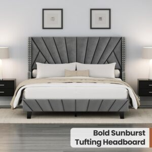 king queen size bed, queen bed, king bed, king size bed, queen size bed, modern upholstered platform bed frame, channel tufted headboard bed