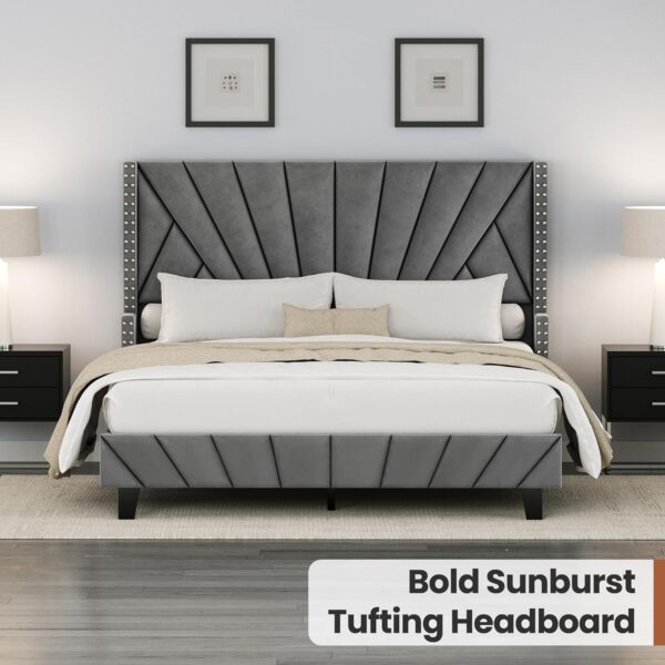 king queen size bed, queen bed, king bed, king size bed, queen size bed, modern upholstered platform bed frame, channel tufted headboard bed