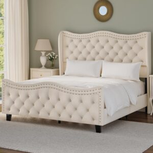 king queen size bed, queen bed, king bed, king size bed, queen size bed, velvet tufted wingback queen bed, cream beige upholstered platform bed frame, glam tufted queen bed with nailhead trim, tall headboard queen bed 50 inch