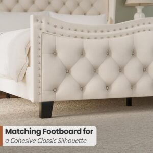 king queen size bed, queen bed, king bed, king size bed, queen size bed, velvet tufted wingback queen bed, cream beige upholstered platform bed frame, glam tufted queen bed with nailhead trim, tall headboard queen bed 50 inch