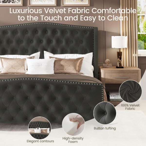 queen bed, king bed, king size bed, queen size bed, velvet upholstered queen bed frame, tall headboard velvet platform bed, deep button tufted wingback bed