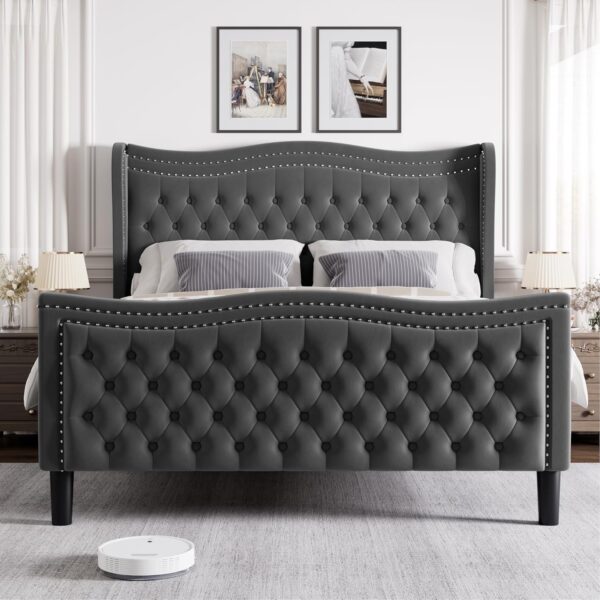 full size bed, full bed, queen king size bed, king queen size bed, queen bed, king bed, king size bed, queen size bed, luxurious velvet wingback bed frame, tall headboard upholstered platform bed