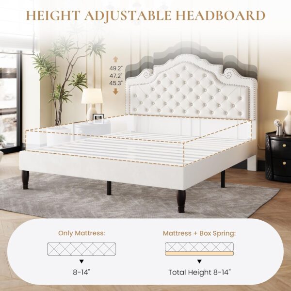 king queen size bed, queen bed, king bed, king size bed, queen size bed, adjustable tiara headboard king bed frame, velvet upholstered king platform bed,