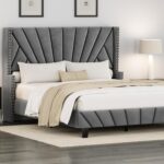 king queen size bed, queen bed, king bed, king size bed, queen size bed, modern upholstered platform bed frame, channel tufted headboard bed