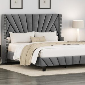 king queen size bed, queen bed, king bed, king size bed, queen size bed, modern upholstered platform bed frame, channel tufted headboard bed