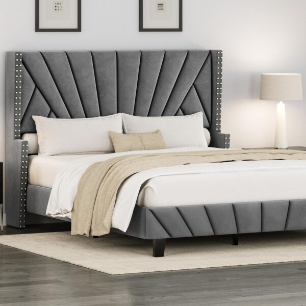 king queen size bed, queen bed, king bed, king size bed, queen size bed, modern upholstered platform bed frame, channel tufted headboard bed