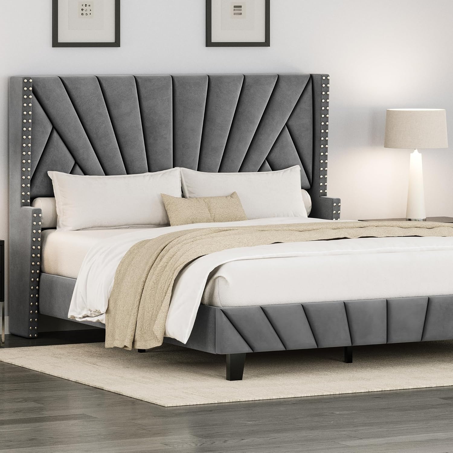 king queen size bed, queen bed, king bed, king size bed, queen size bed, modern upholstered platform bed frame, channel tufted headboard bed
