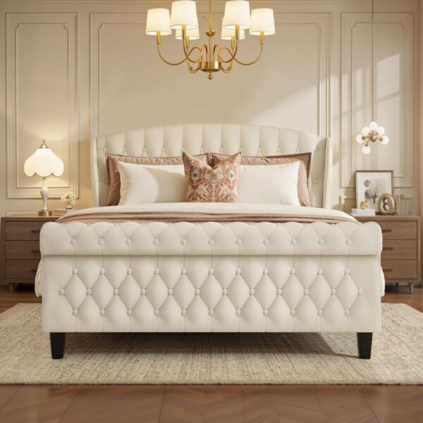 queen king size bed, king queen size bed, queen bed, king bed, king size bed, queen size bed, traditional sleigh bed queen upholstered, velvet sleigh bed with wingback headboard, quiet no squeak queen bed frame 800 lb capacity, queen platform bed no box spring needed