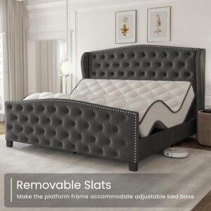 queen bed, king bed, king size bed, queen size bed, velvet upholstered queen bed frame, tall headboard velvet platform bed, deep button tufted wingback bed