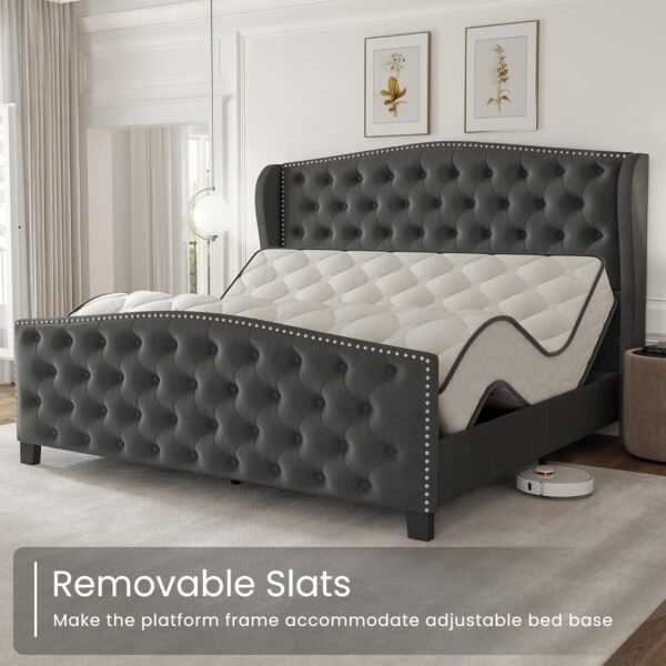 queen bed, king bed, king size bed, queen size bed, velvet upholstered queen bed frame, tall headboard velvet platform bed, deep button tufted wingback bed