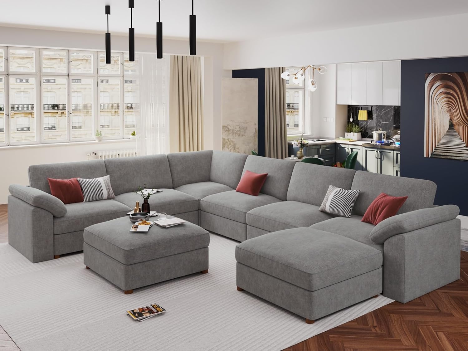 sectional sofa, sectional sofa couch, sectional couch, EASE MOOSE oversized deep seat sofa, modular chenille sectional sofa for living room, washable cushion modular sectional couch