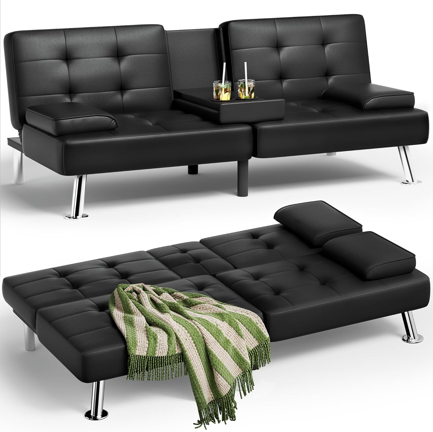 Futon Sofa Bed, Black futon sofa, adjustable splitback futon, black faux leather futon, modern futon sofa bed,