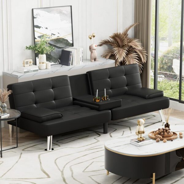 Futon Sofa Bed, Black futon sofa, adjustable splitback futon, black faux leather futon, modern futon sofa bed,