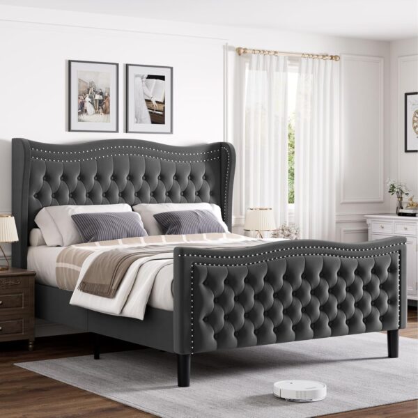 full size bed, full bed, queen king size bed, king queen size bed, queen bed, king bed, king size bed, queen size bed, luxurious velvet wingback bed frame, tall headboard upholstered platform bed