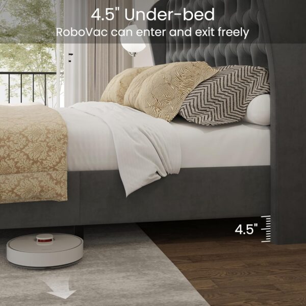 queen bed, king bed, king size bed, queen size bed, velvet upholstered queen bed frame, tall headboard velvet platform bed, deep button tufted wingback bed