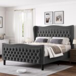 full size bed, full bed, queen king size bed, king queen size bed, queen bed, king bed, king size bed, queen size bed, luxurious velvet wingback bed frame, tall headboard upholstered platform bed