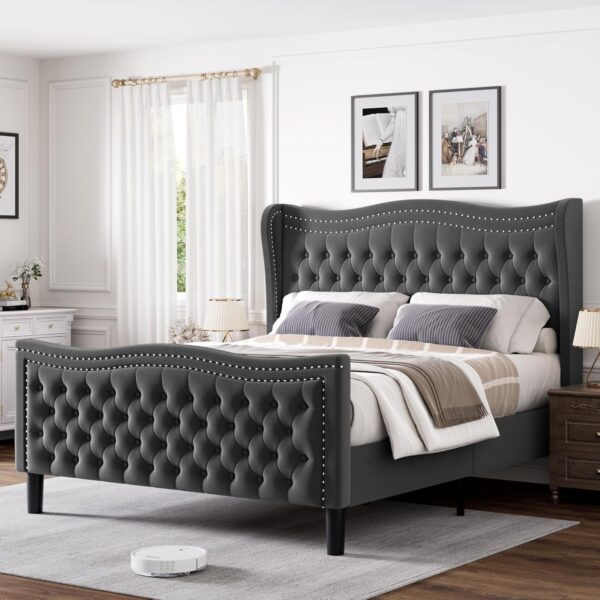 full size bed, full bed, queen king size bed, king queen size bed, queen bed, king bed, king size bed, queen size bed, luxurious velvet wingback bed frame, tall headboard upholstered platform bed
