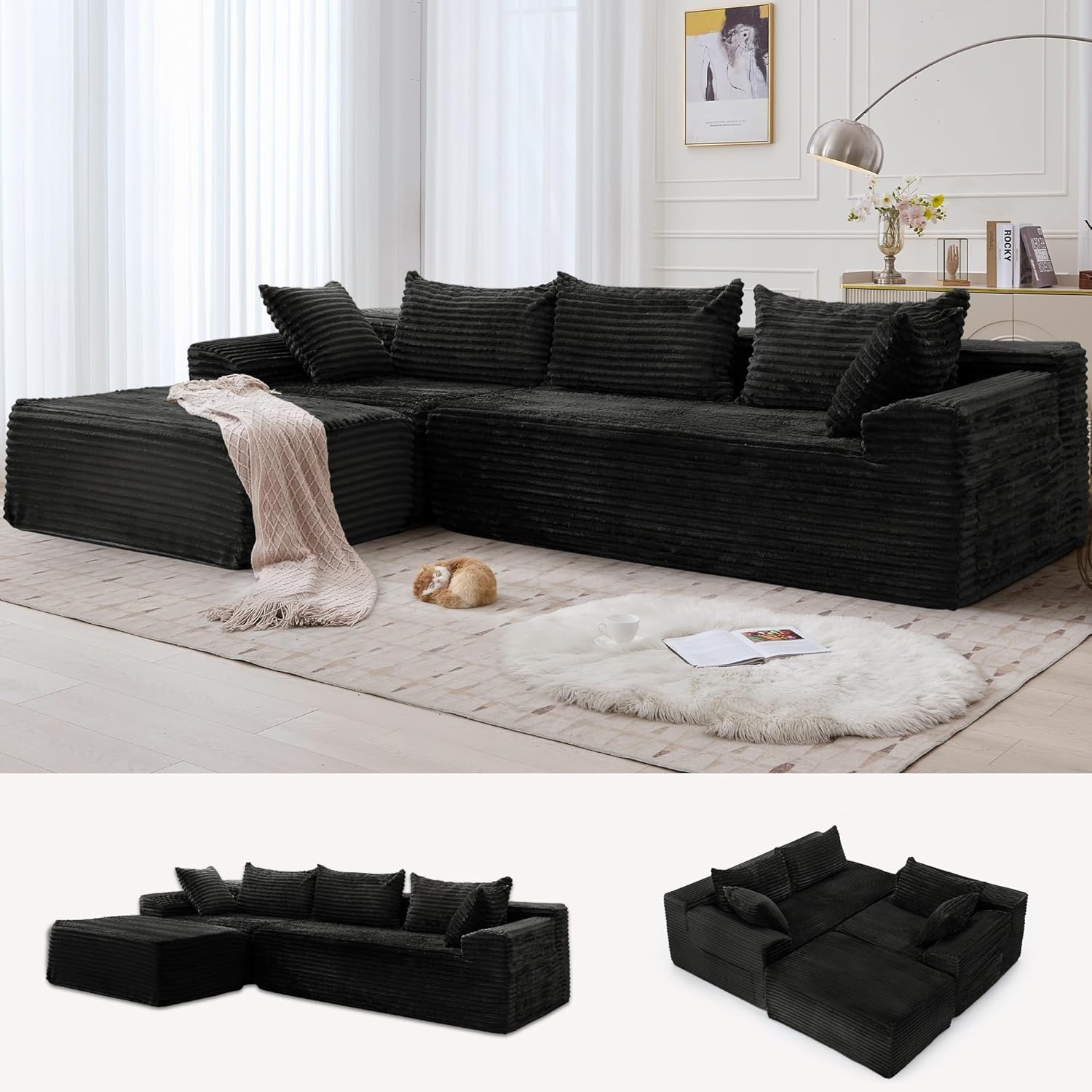 sectional sofa, sofa cum bed, space saving sofa, tool-free assembly sectional sofa, modular L-shaped sectional couch, deep seat corduroy sofa, pet friendly sectional sofa