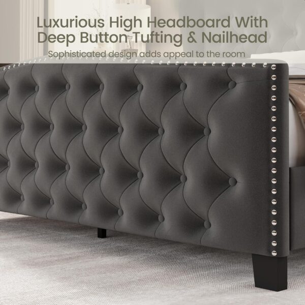 queen bed, king bed, king size bed, queen size bed, velvet upholstered queen bed frame, tall headboard velvet platform bed, deep button tufted wingback bed