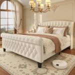 queen king size bed, king queen size bed, queen bed, king bed, king size bed, queen size bed, traditional sleigh bed queen upholstered, velvet sleigh bed with wingback headboard, quiet no squeak queen bed frame 800 lb capacity, queen platform bed no box spring needed