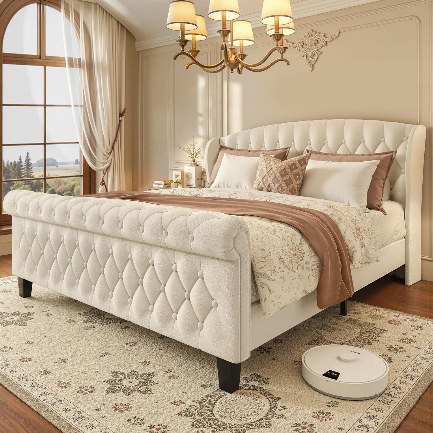 queen king size bed, king queen size bed, queen bed, king bed, king size bed, queen size bed, traditional sleigh bed queen upholstered, velvet sleigh bed with wingback headboard, quiet no squeak queen bed frame 800 lb capacity, queen platform bed no box spring needed