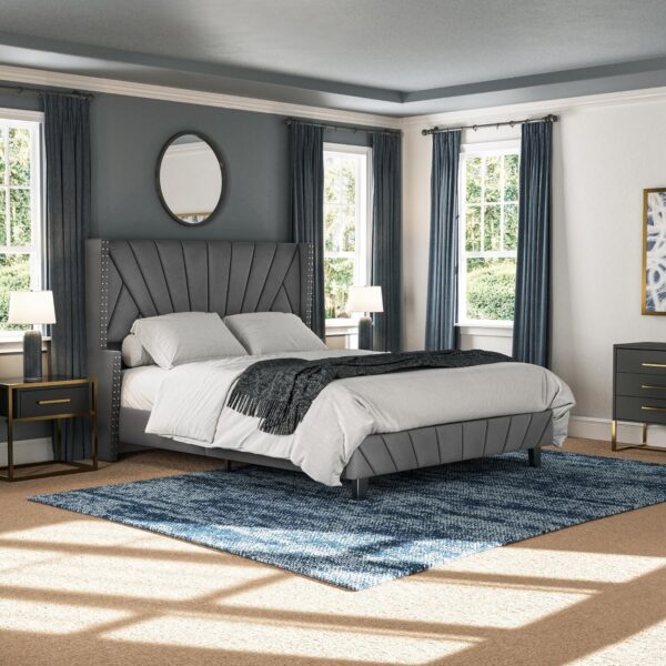 king queen size bed, queen bed, king bed, king size bed, queen size bed, modern upholstered platform bed frame, channel tufted headboard bed